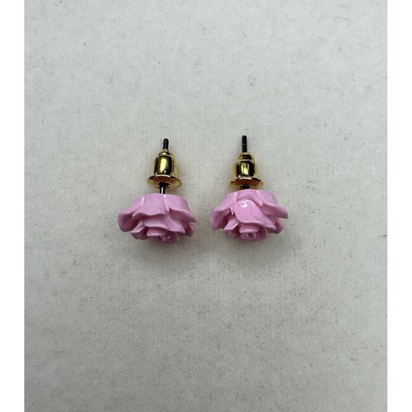 New Pink Carved Rose Flower Dainty Elegant Stud Earrings Gold Backing - Picture 4 of 5